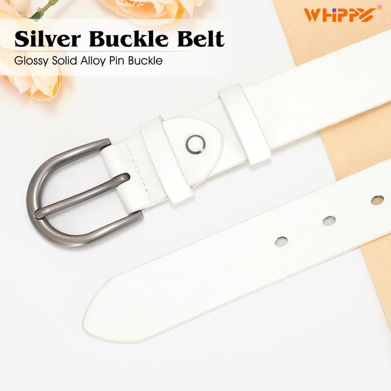 WHIPPY Women Leather Belt for Jeans Pants Dresses Fashion Ladies Western Leather Belt with Silver Buckle L White - Image 3
